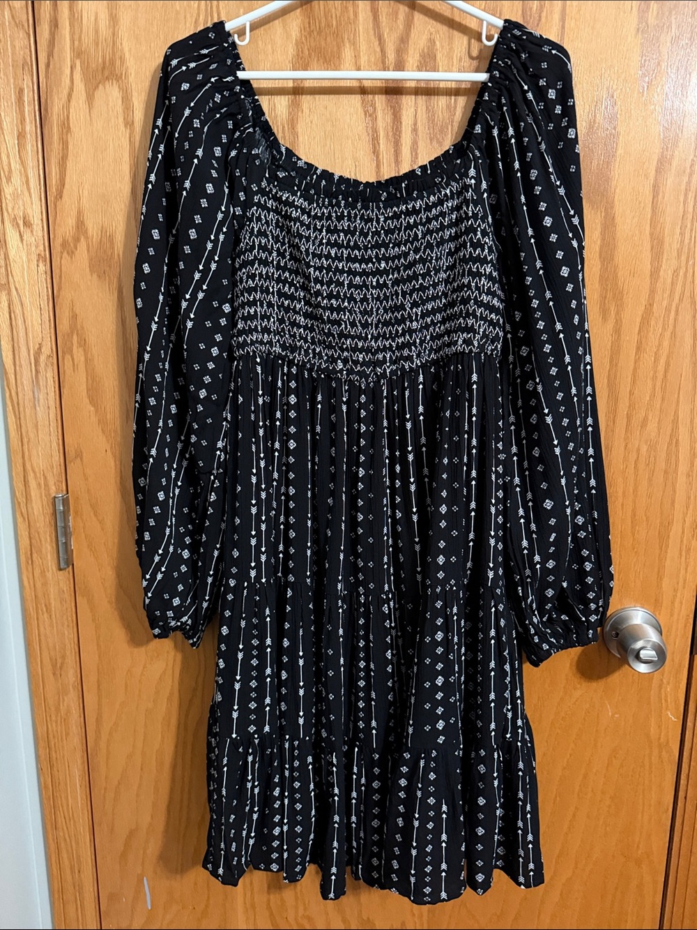 Hem & Thread Black Long-Sleeve Smocked Midi Dress with White Geometric Print